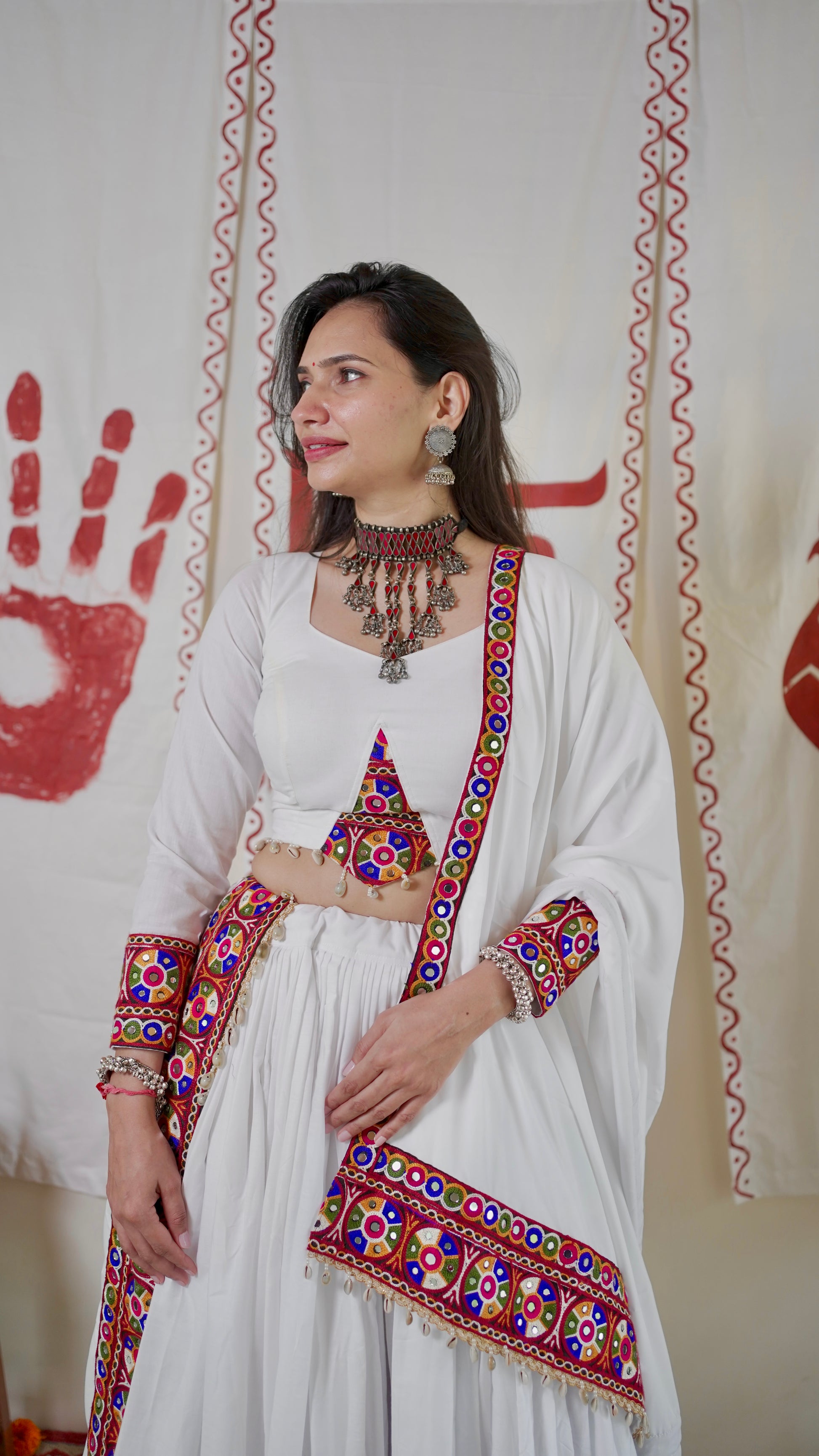 White Kutch mirror work lehenga set