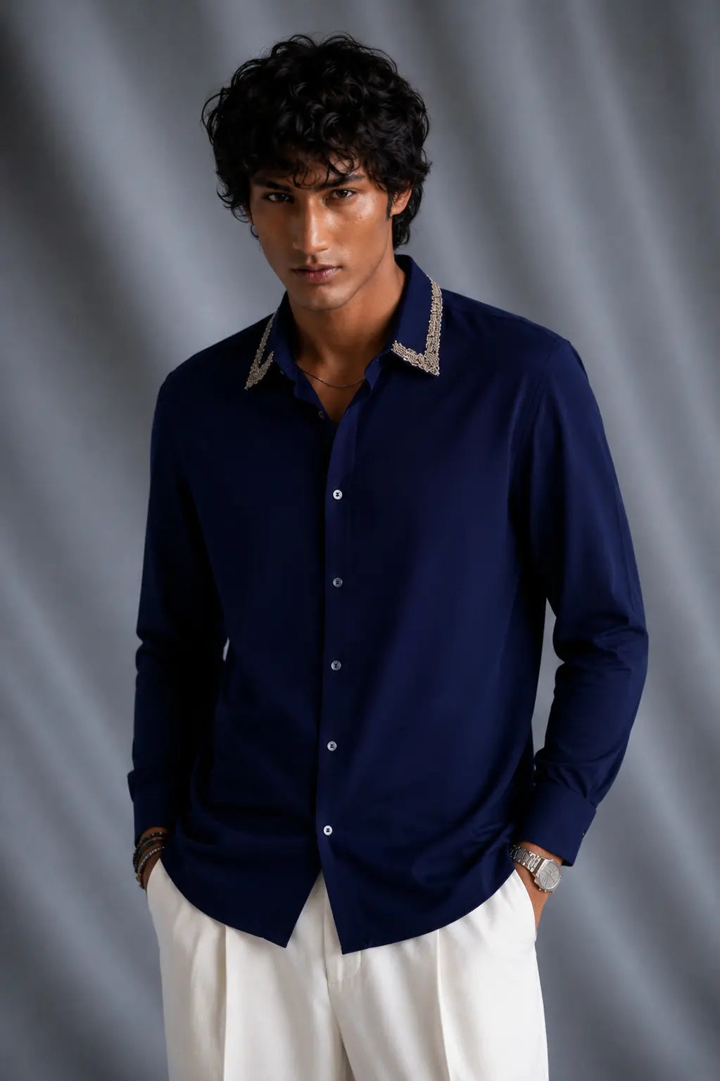 Navy Collar Embellished Shirt