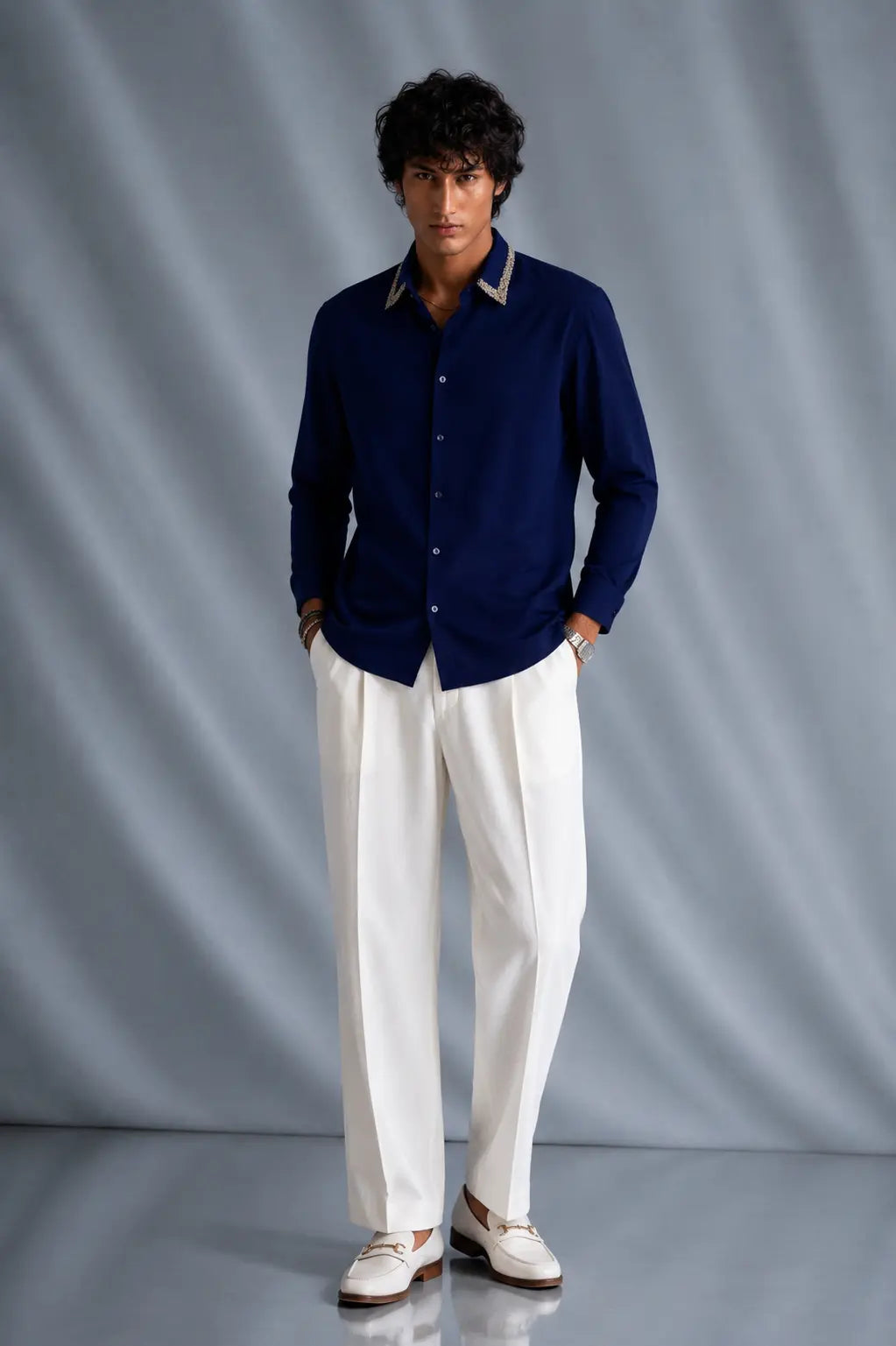 Navy Collar Embellished Shirt