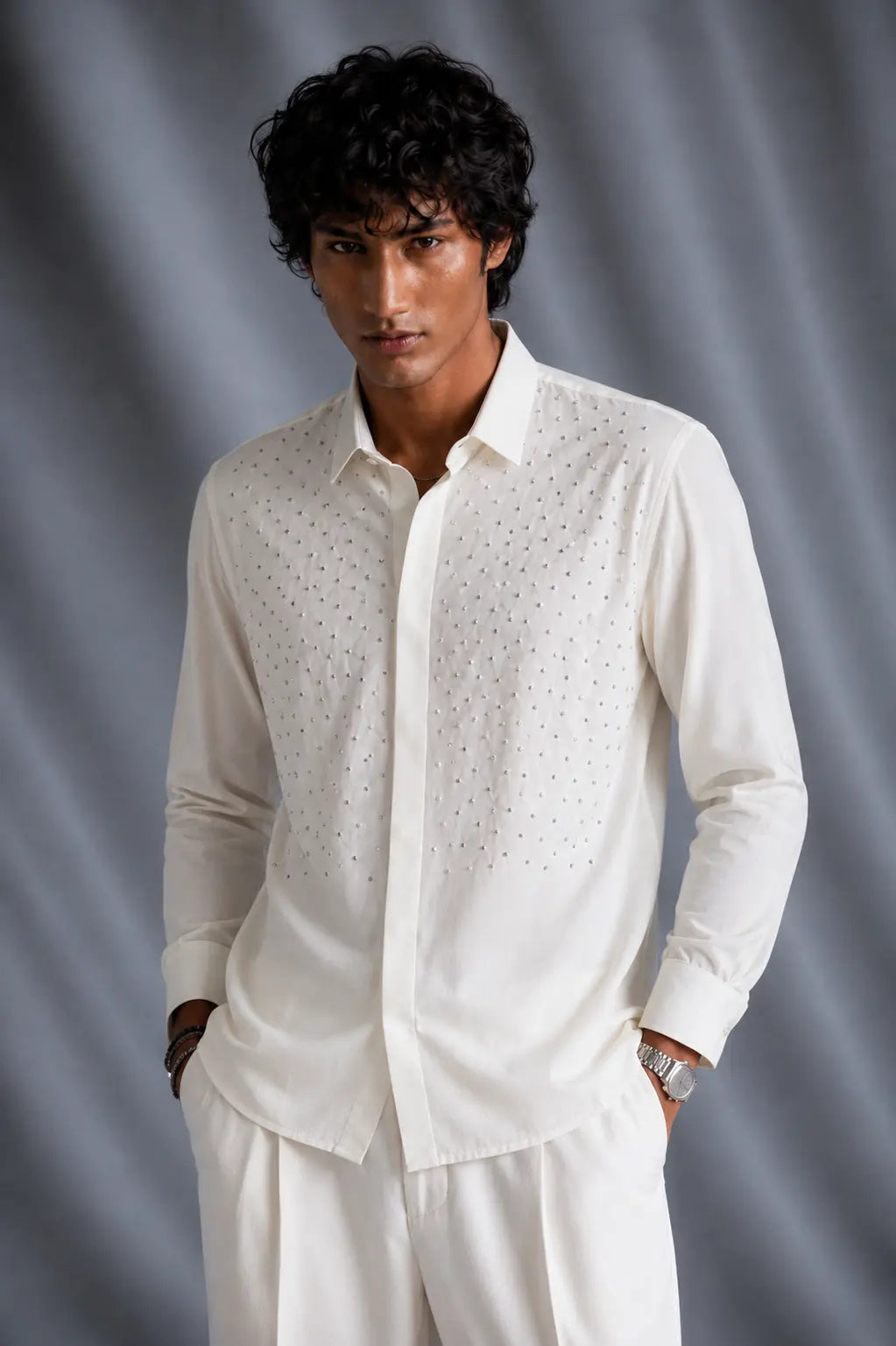 White Rhinestone Embellished Shirt