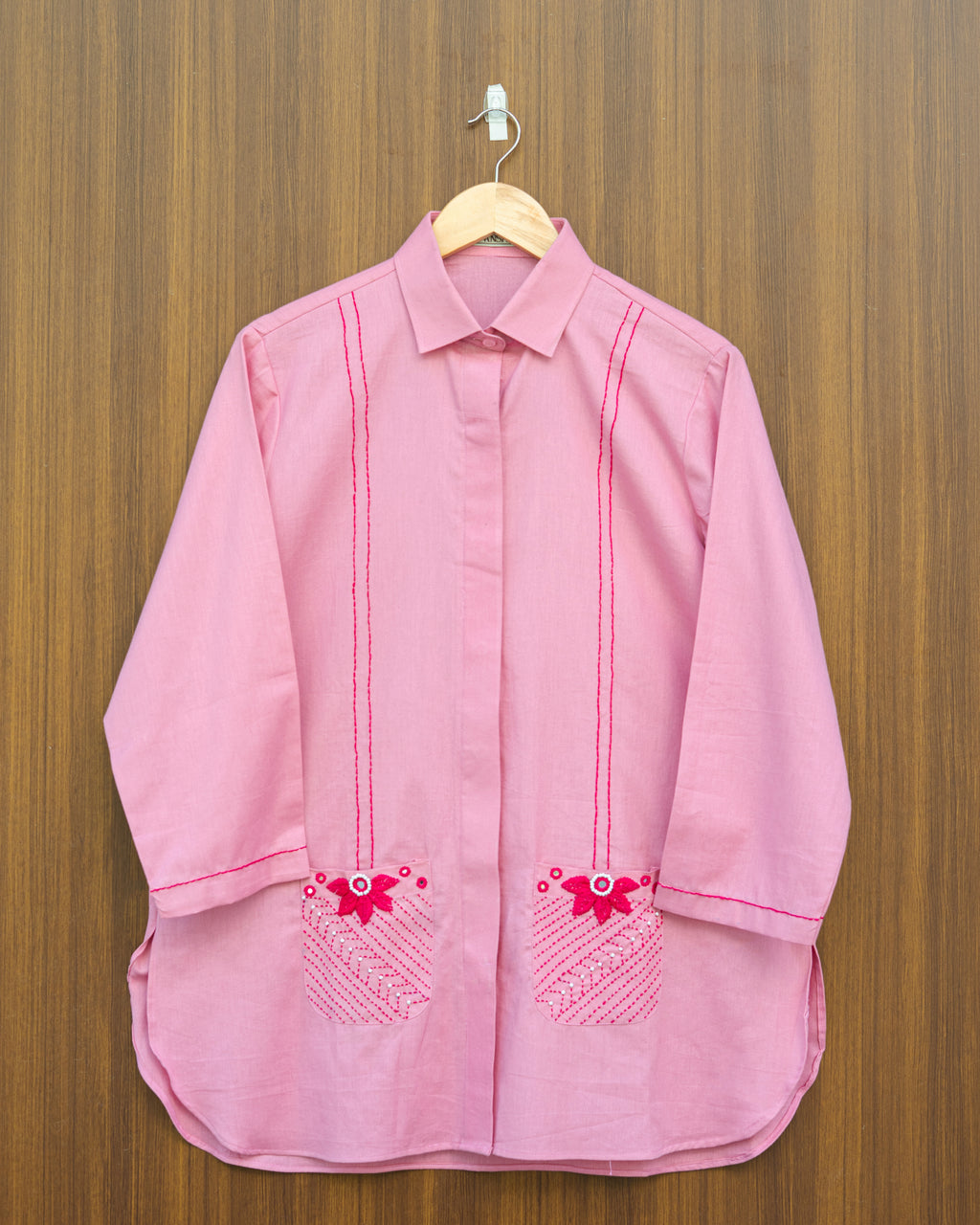 Pink Flower Embroidered Shirt
