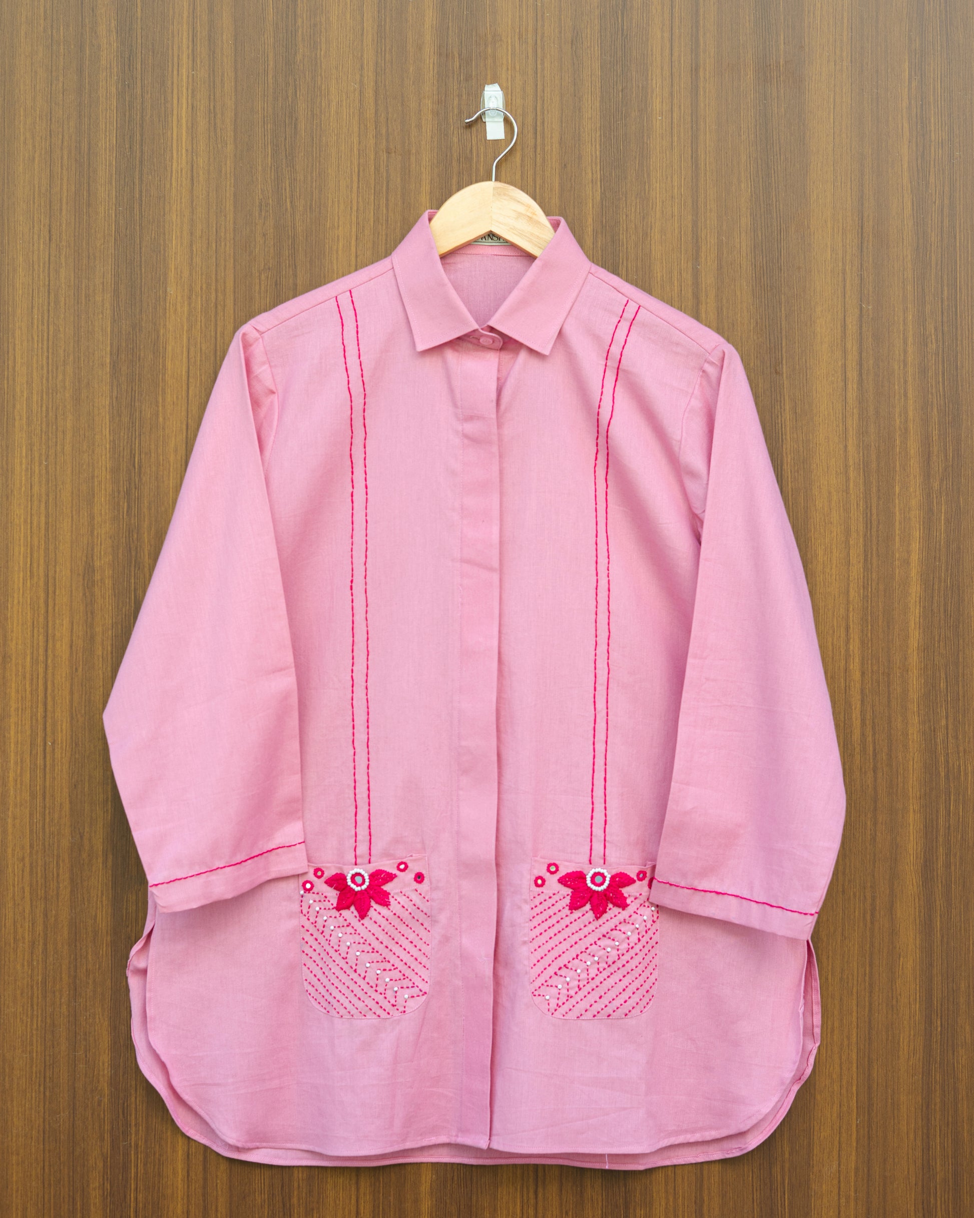 Pink Flower Embroidered Shirt