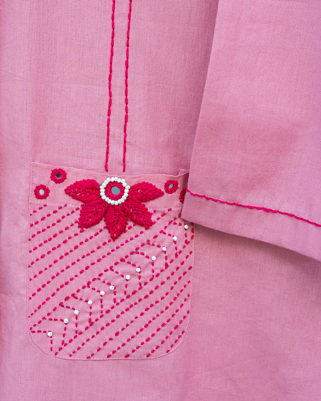 Pink Flower Embroidered Shirt