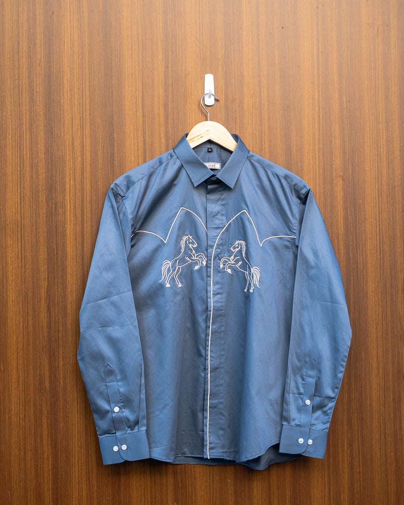 Slate Blue Horse Embroidery Shirt