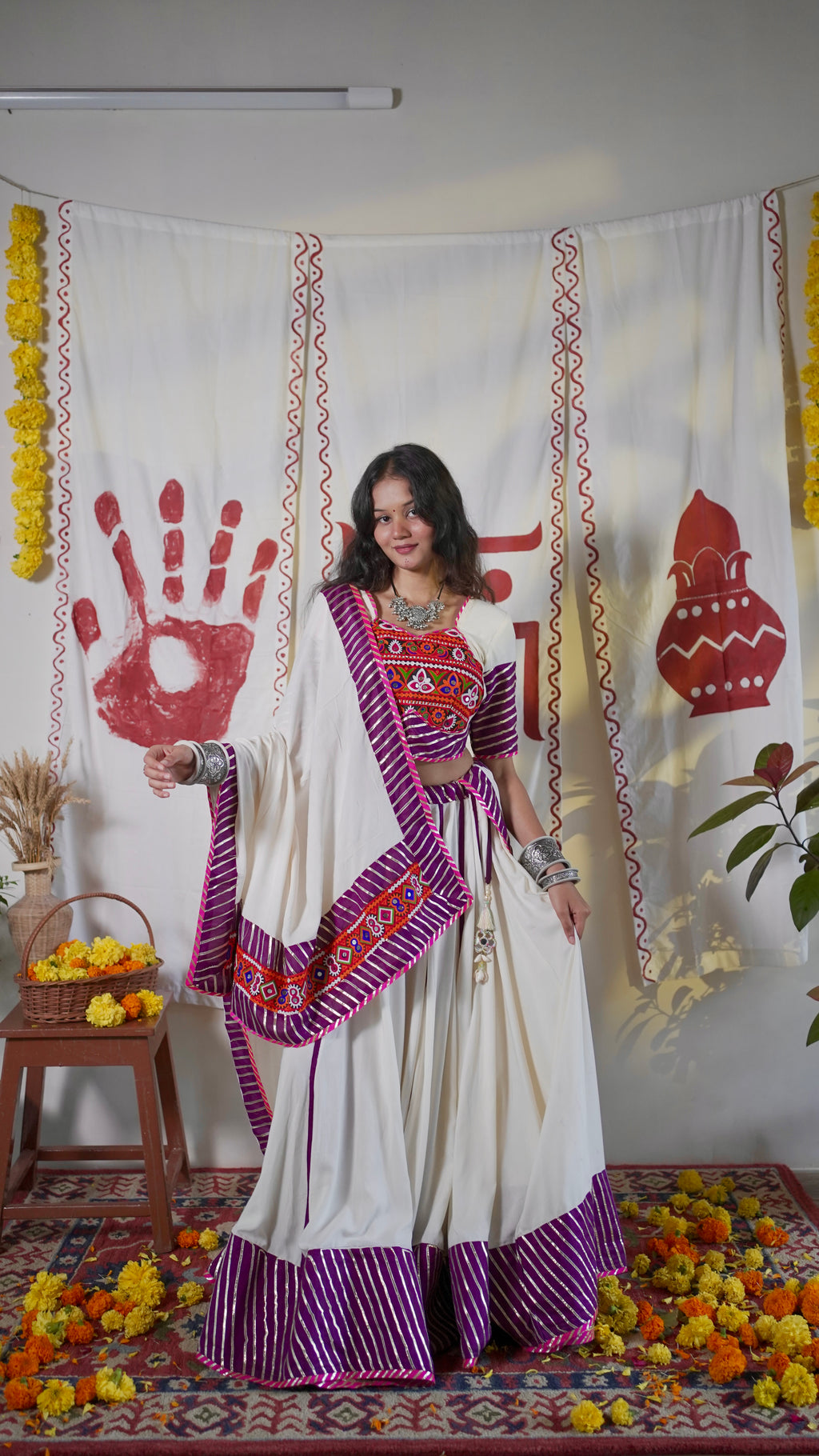 White and purple lehenga set with short blouse