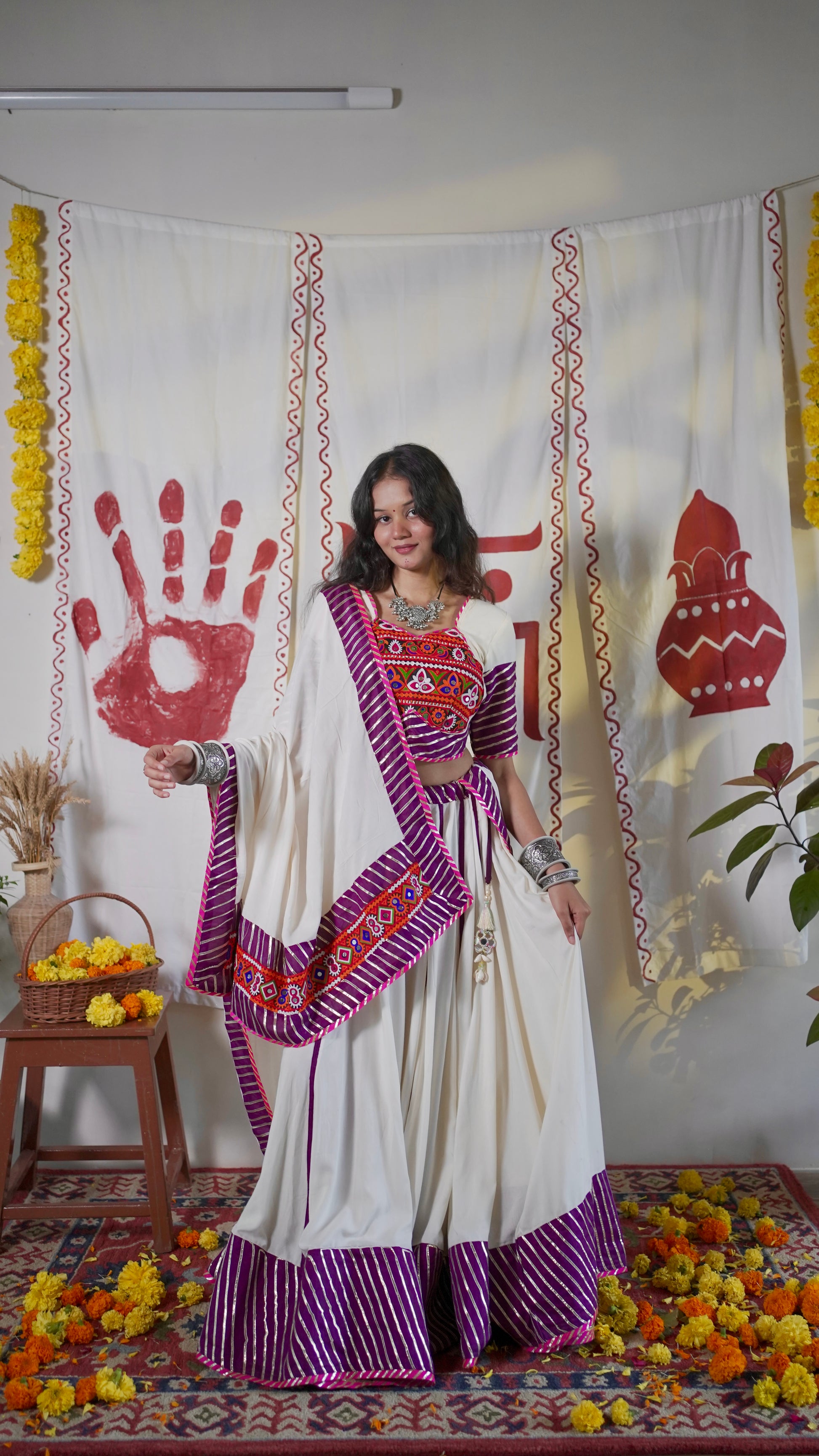 White and purple lehenga set with short blouse