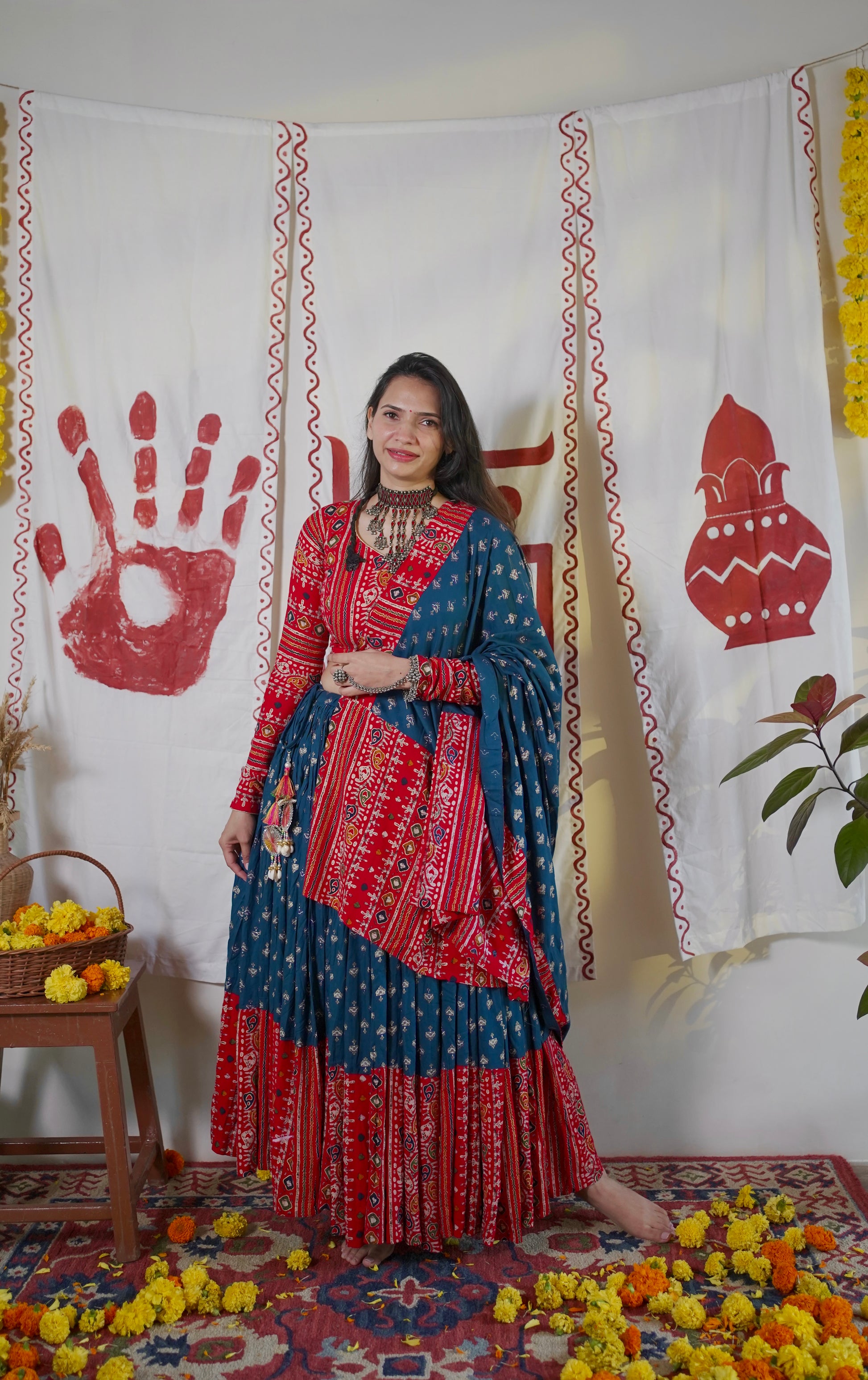 Red and blue lehenga set
