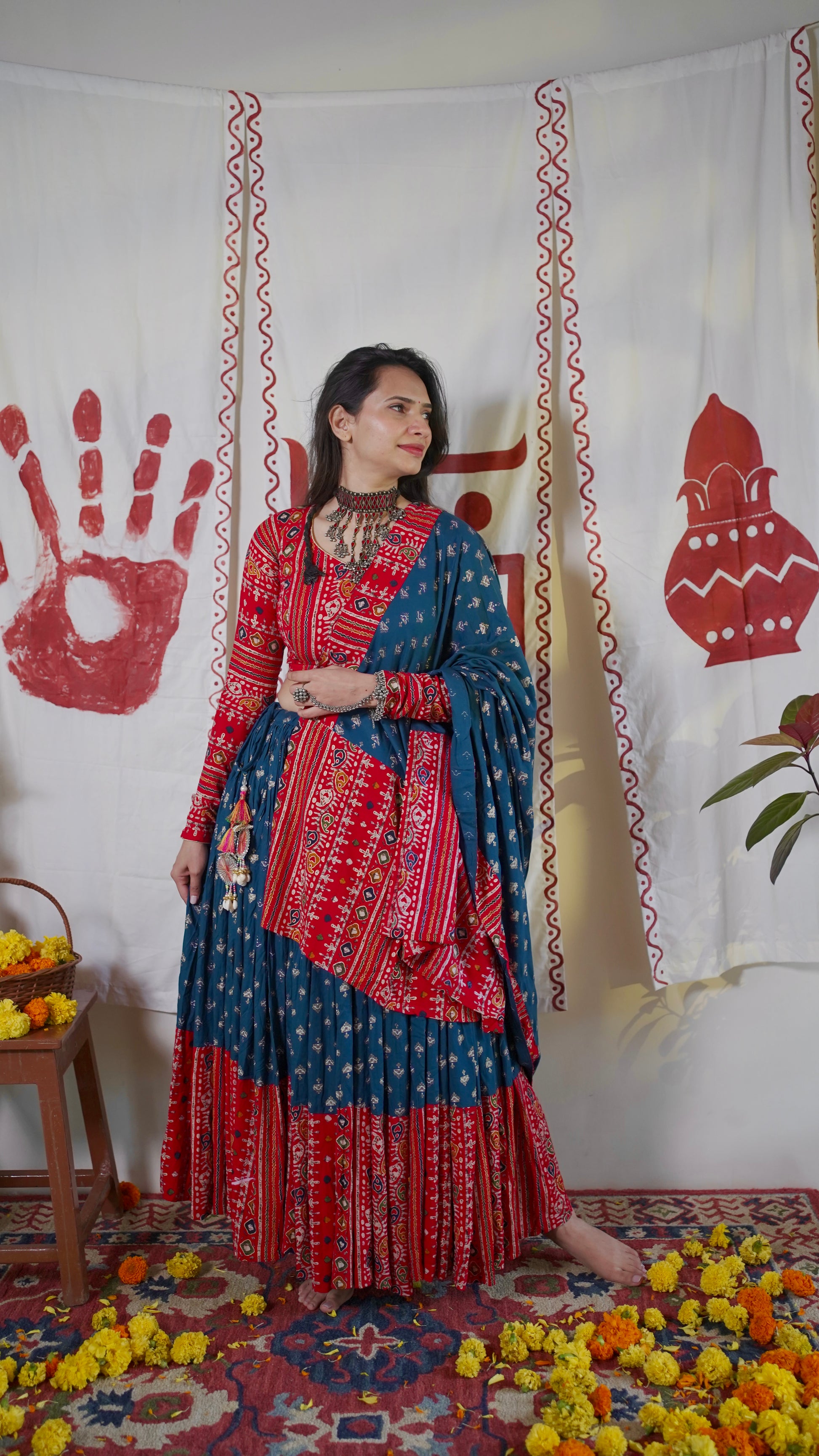 Red and blue lehenga set