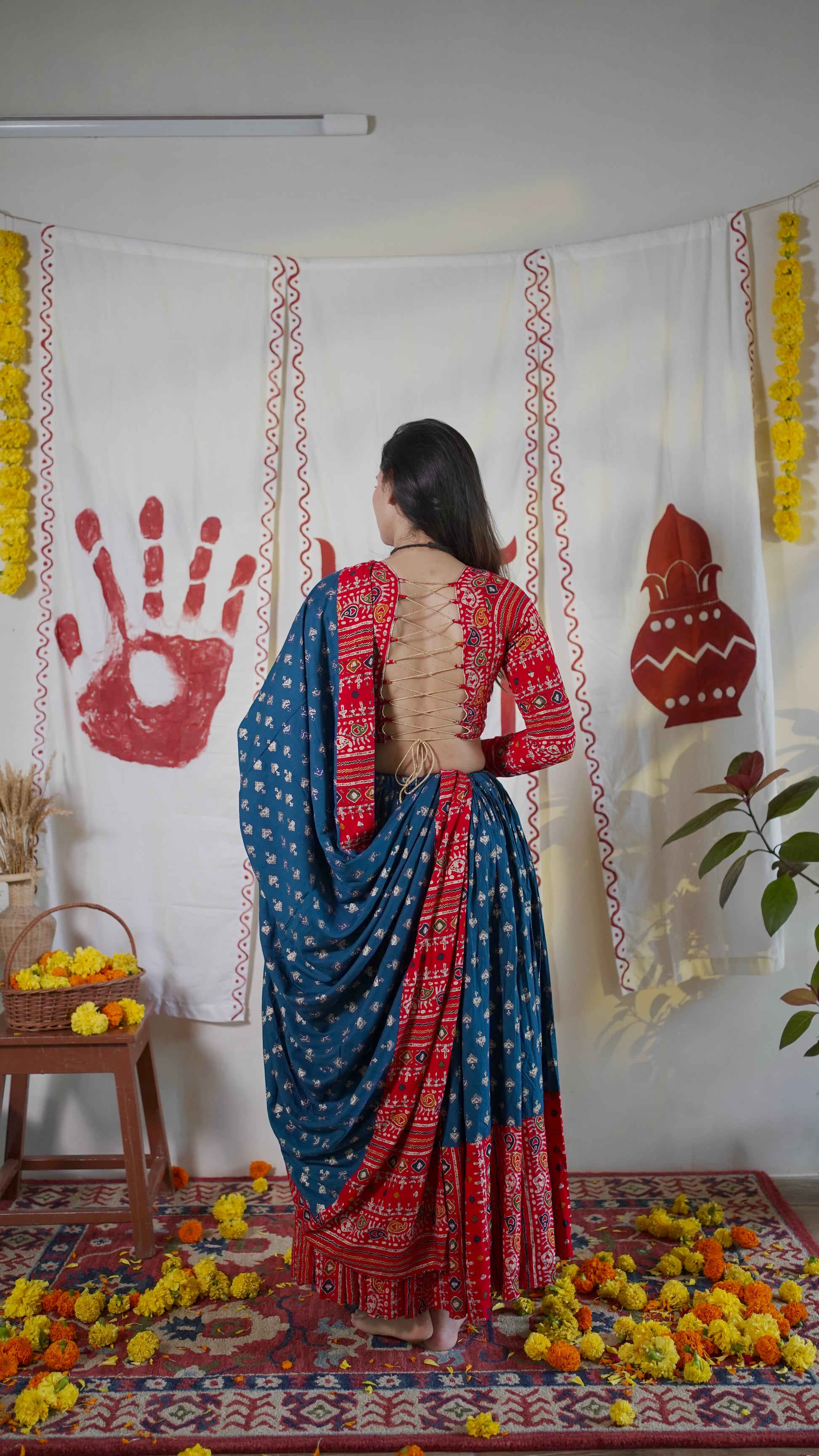 Red and blue lehenga set