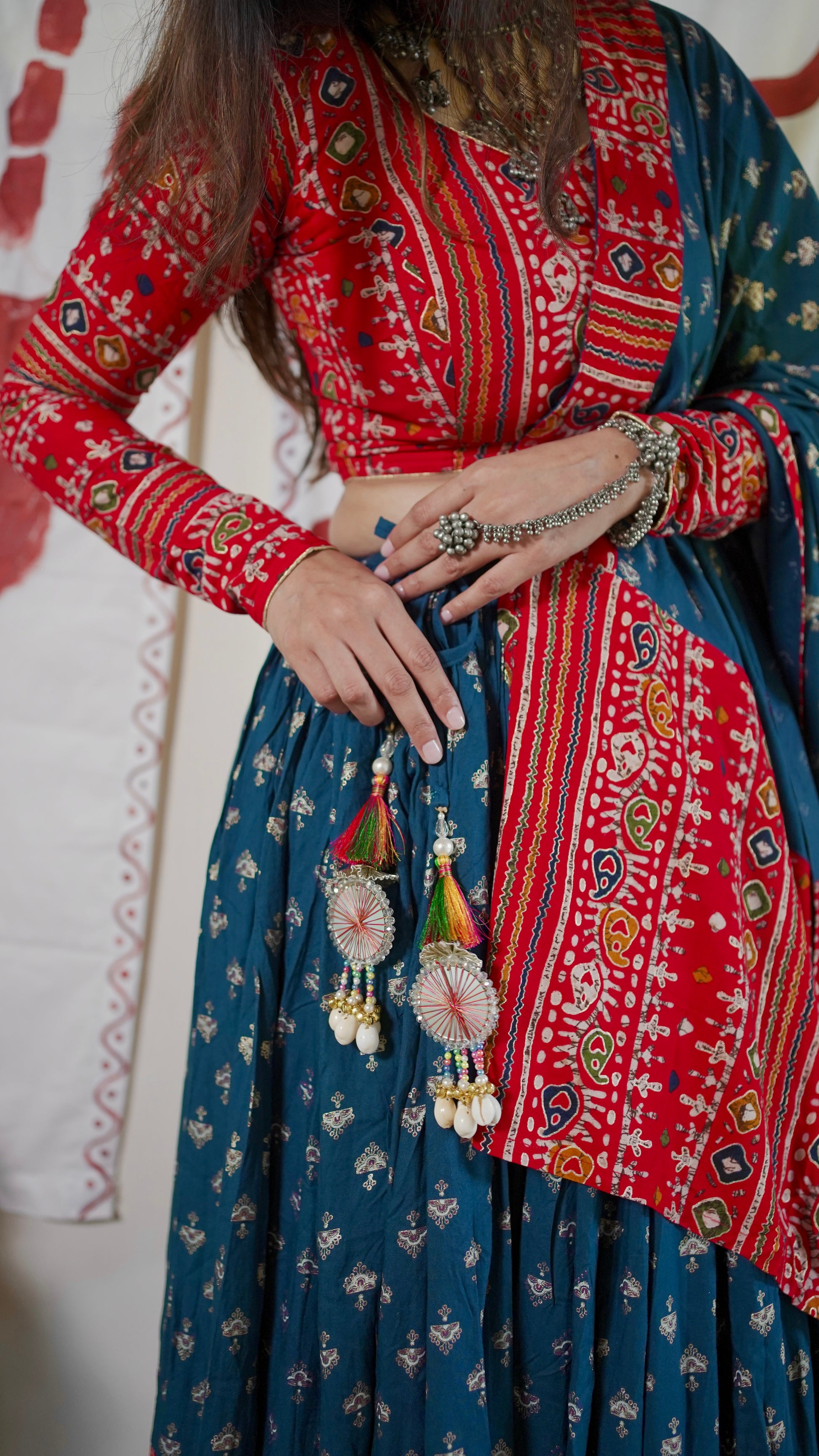 Red and blue lehenga set