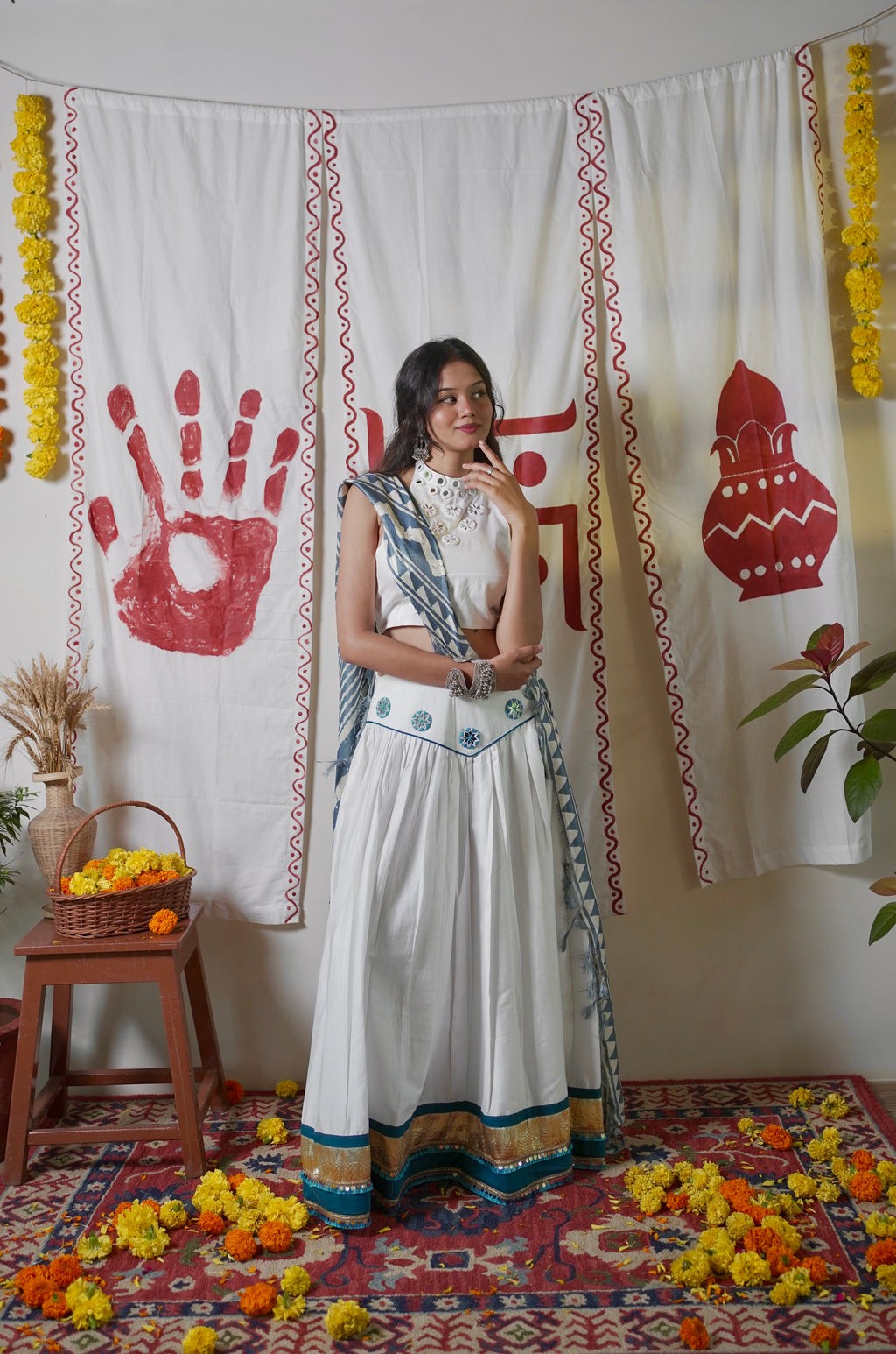 White and blue halter lehenga set