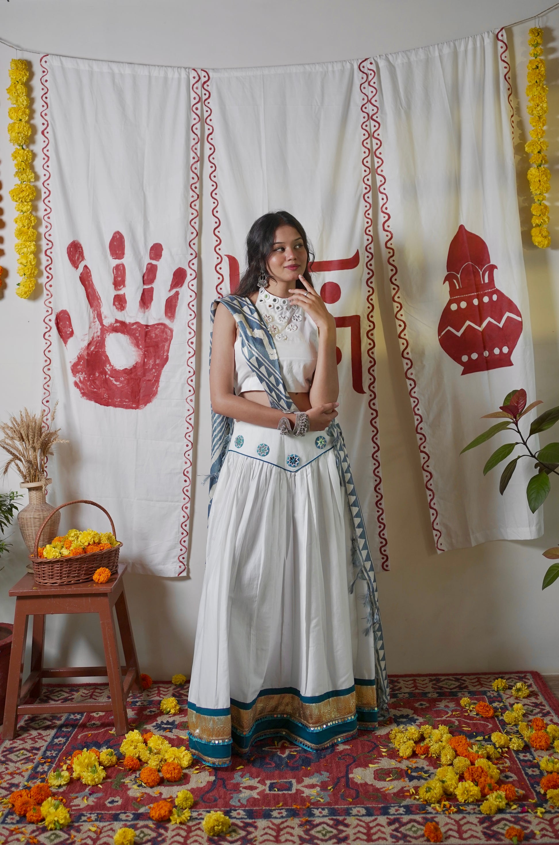 White and blue halter lehenga set