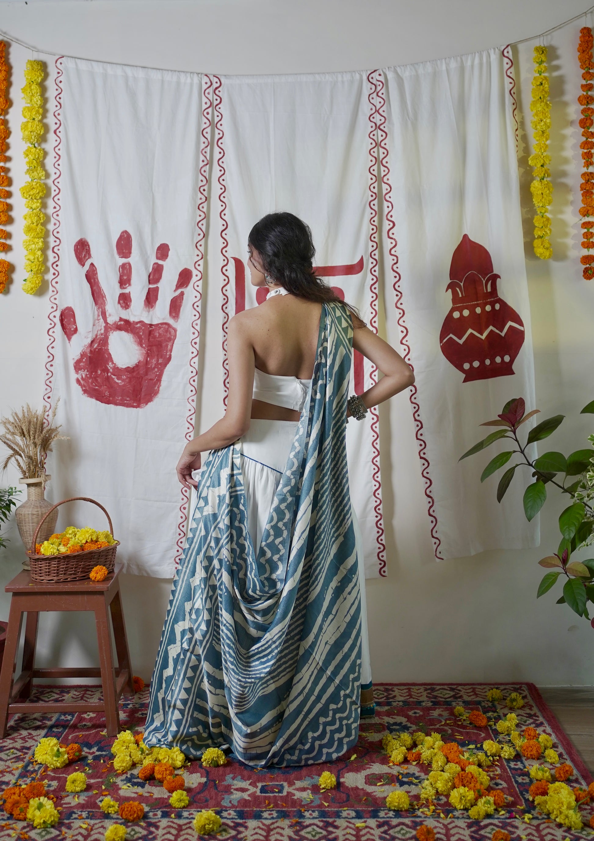 White and blue halter lehenga set