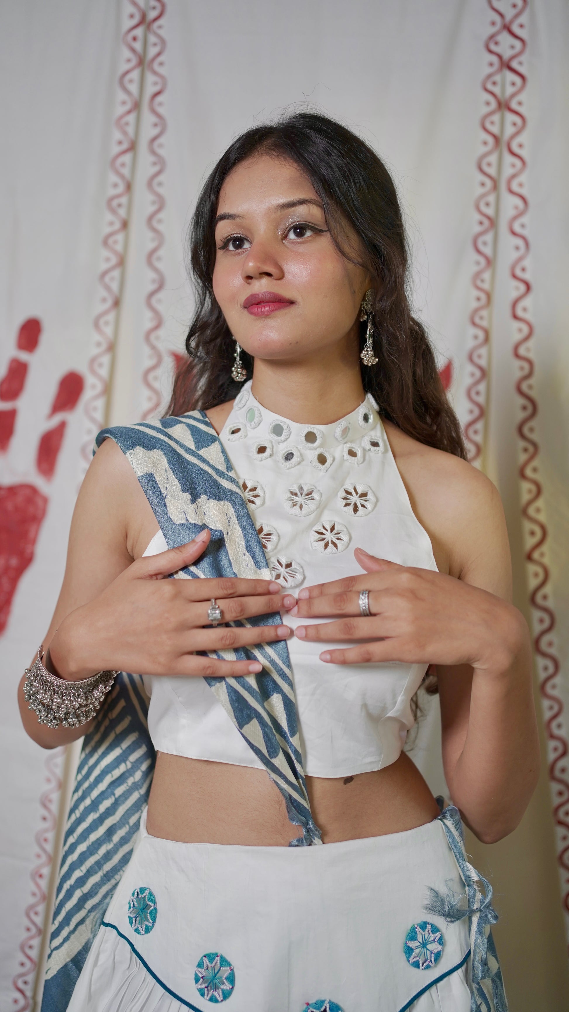 White and blue halter lehenga set