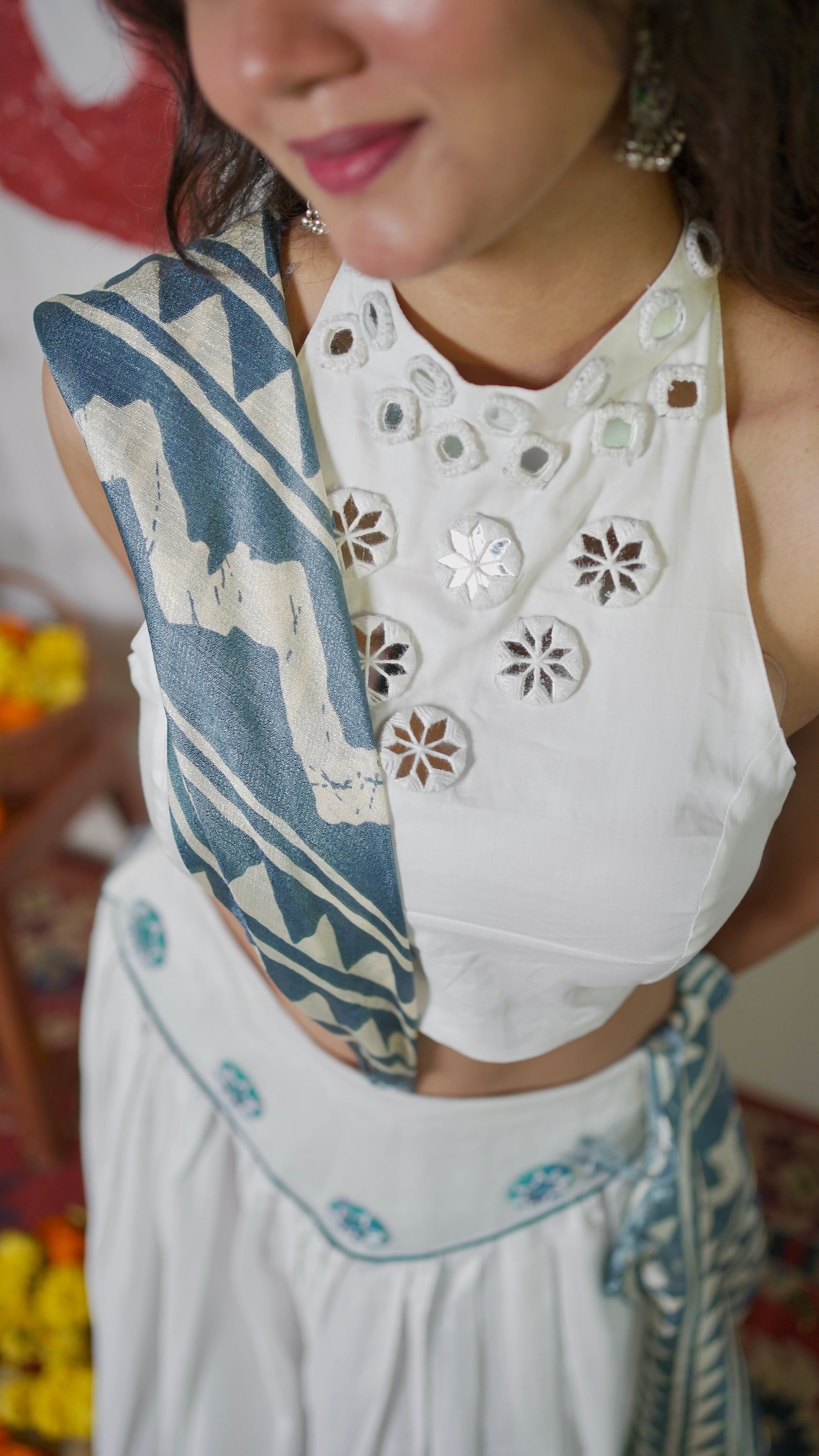 White and blue halter lehenga set