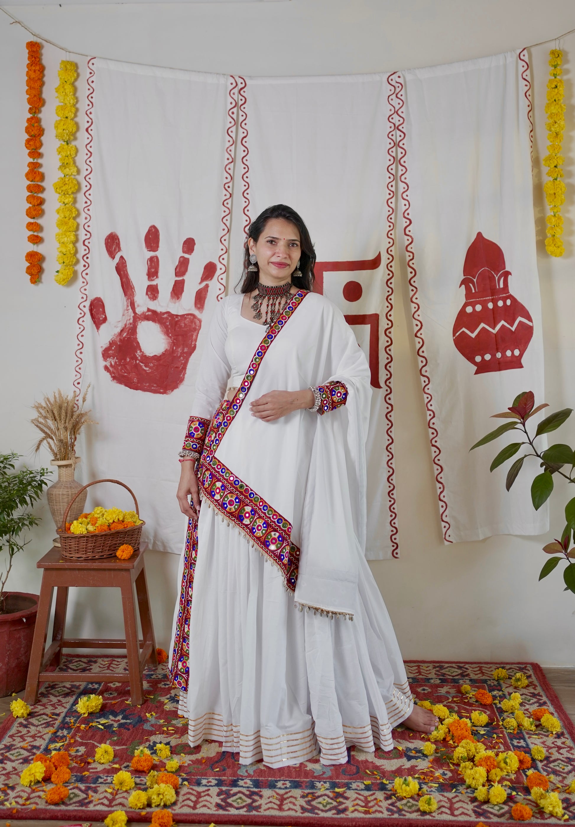 White Kutch mirror work lehenga set