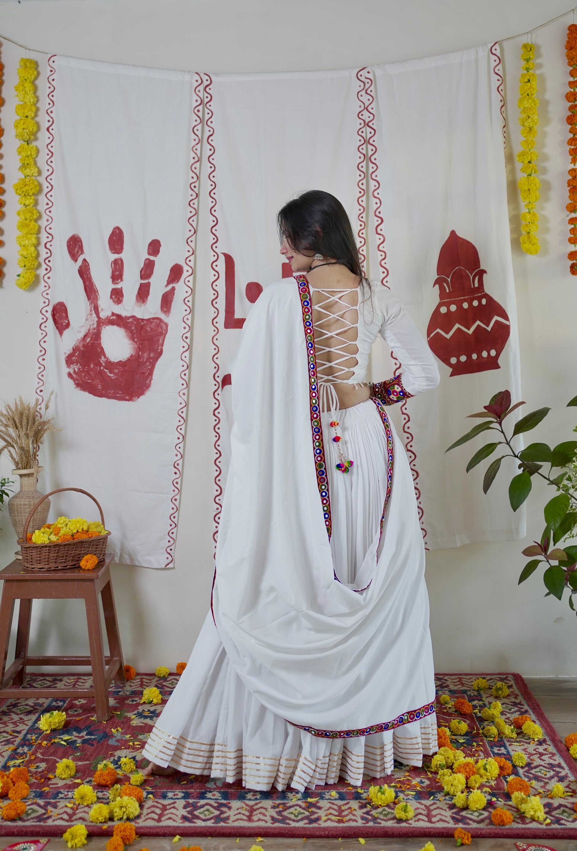 White Kutch mirror work lehenga set