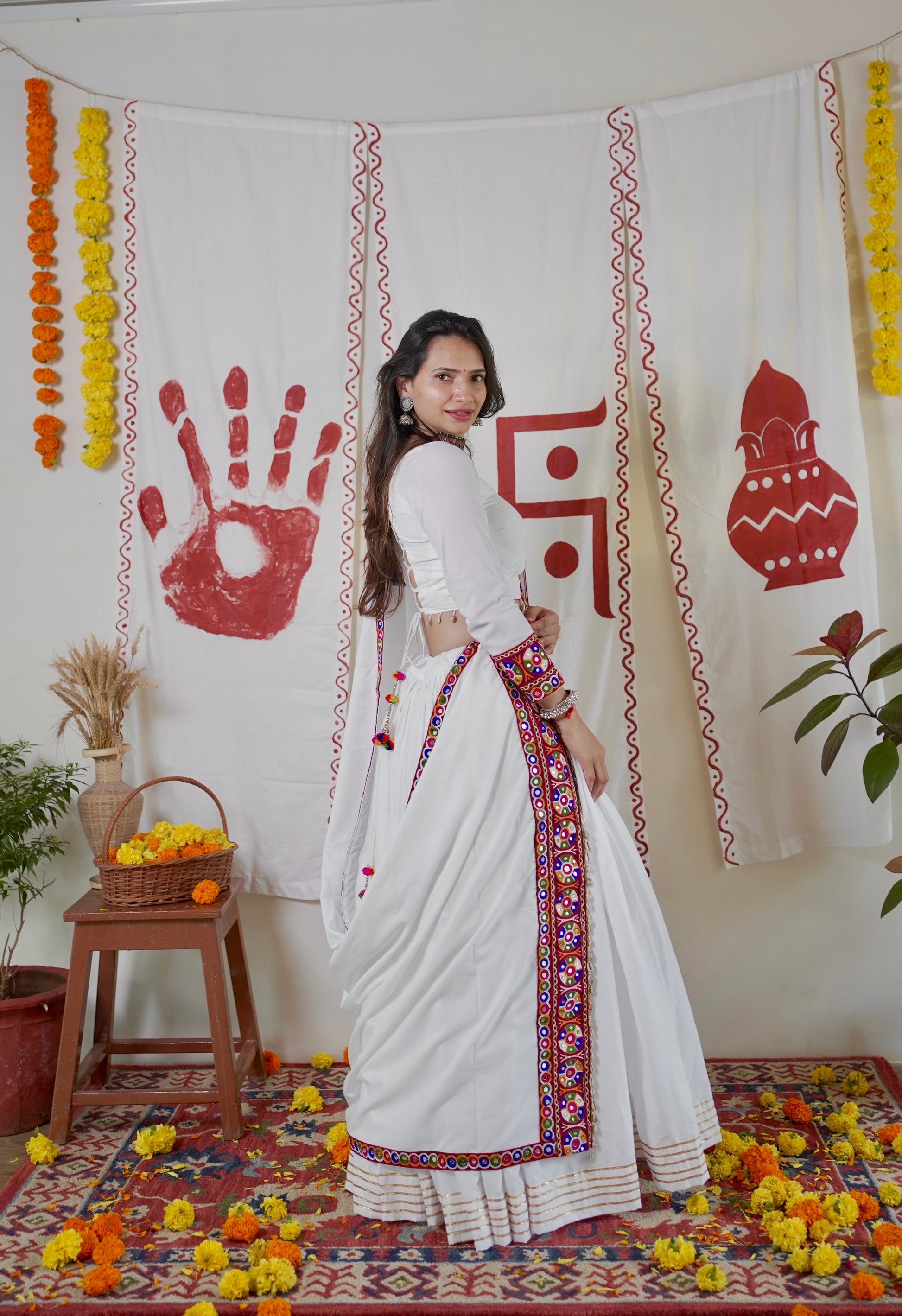 White Kutch mirror work lehenga set