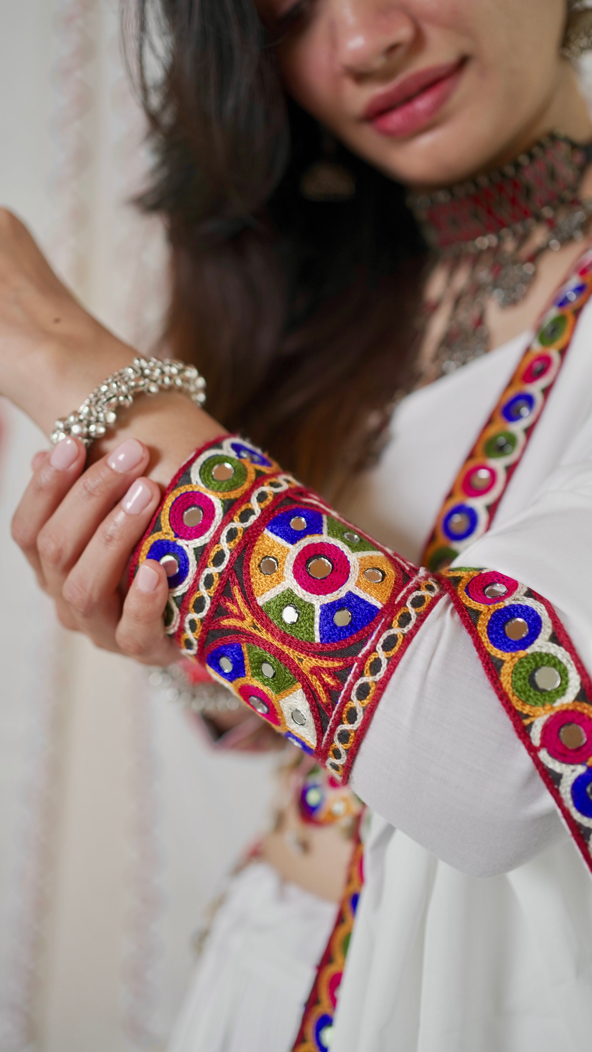 White Kutch mirror work lehenga set