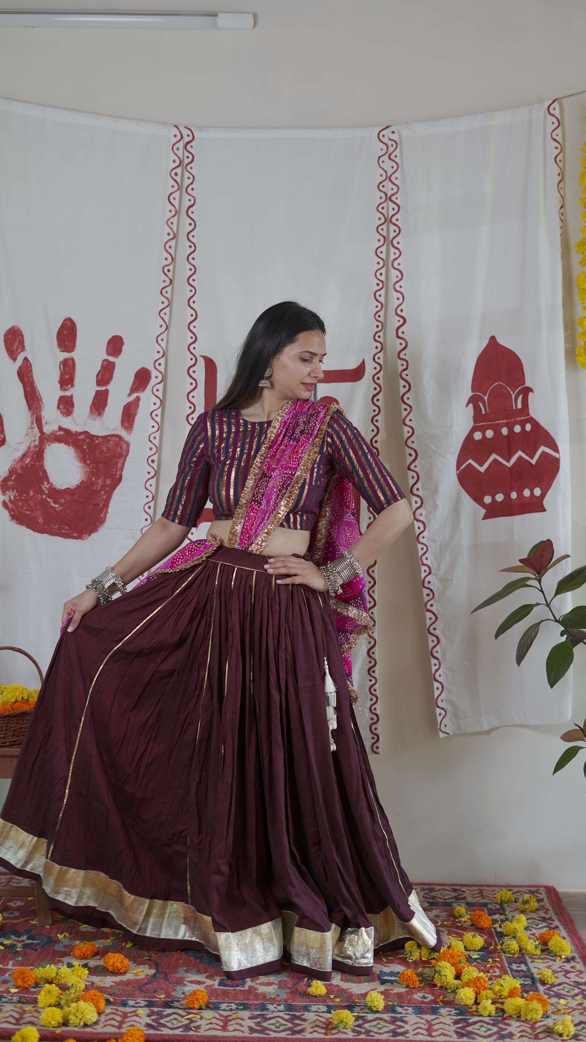 Wine Bandhani Lehenga Set