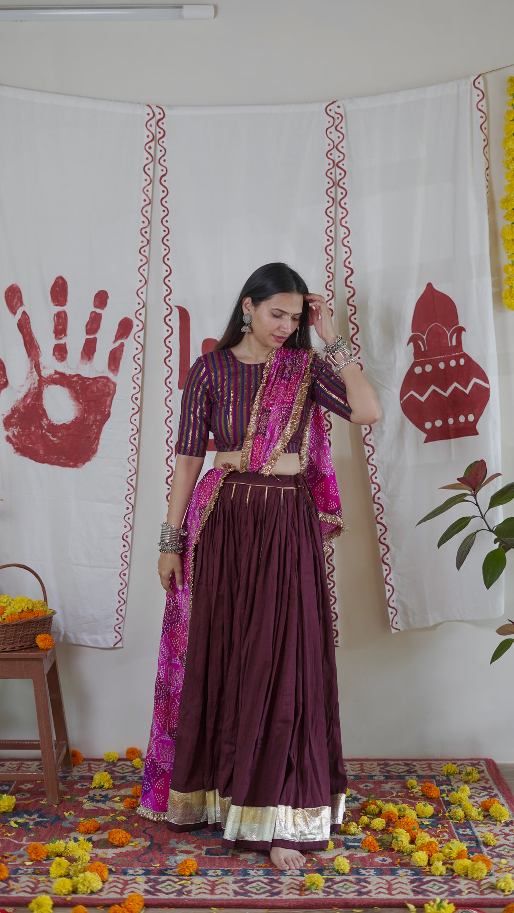 Wine Bandhani Lehenga Set