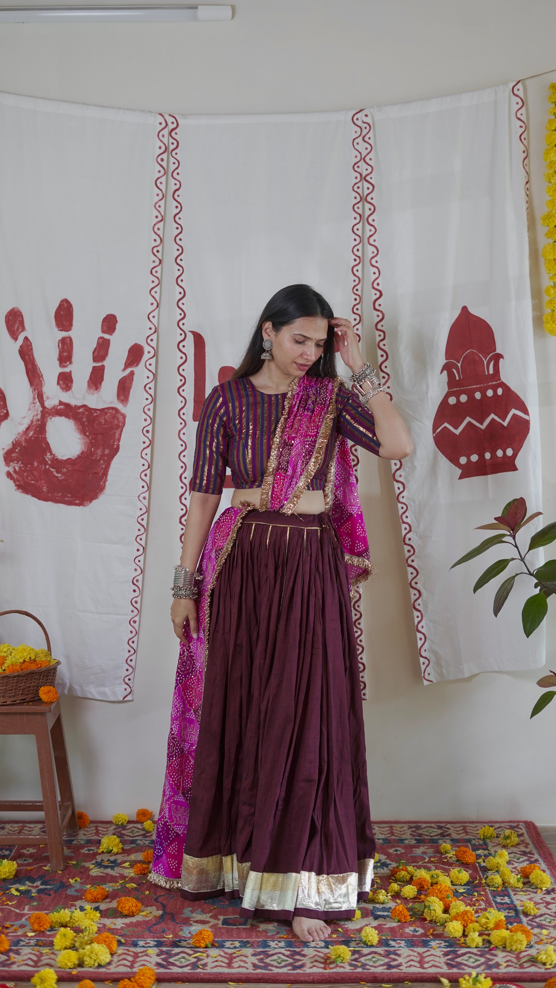Wine Bandhani Lehenga Set