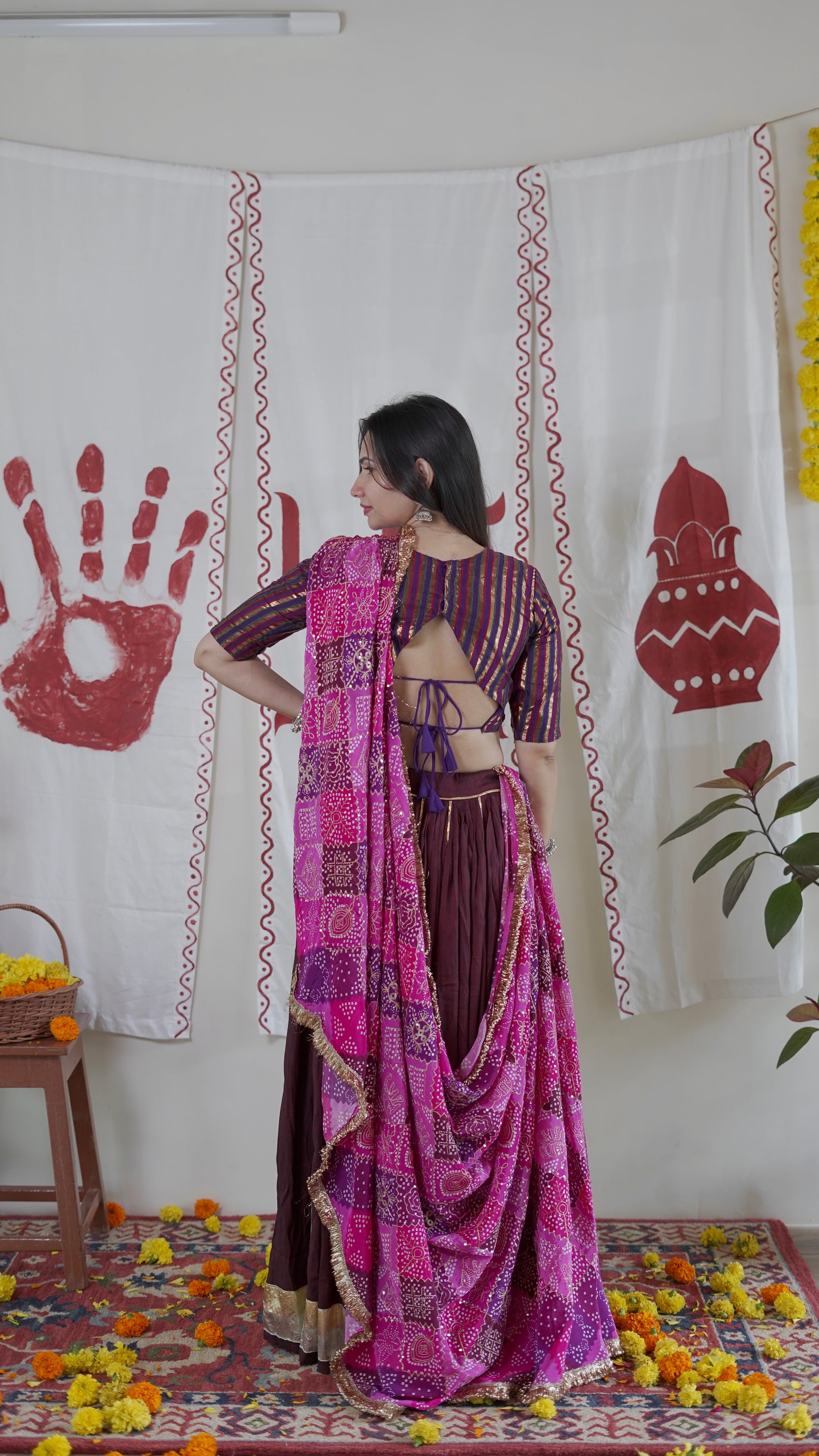 Wine Bandhani Lehenga Set