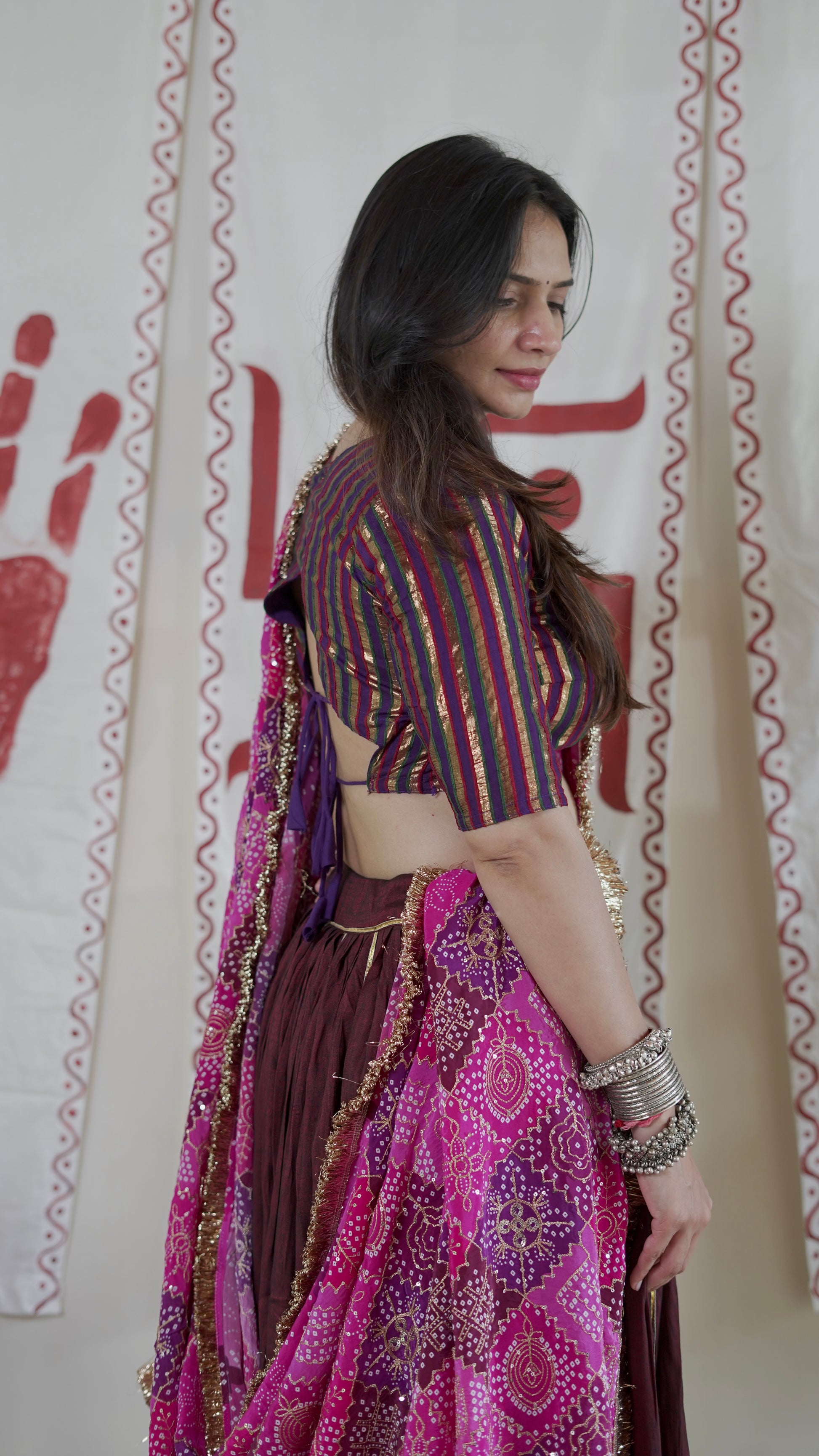 Wine Bandhani Lehenga Set