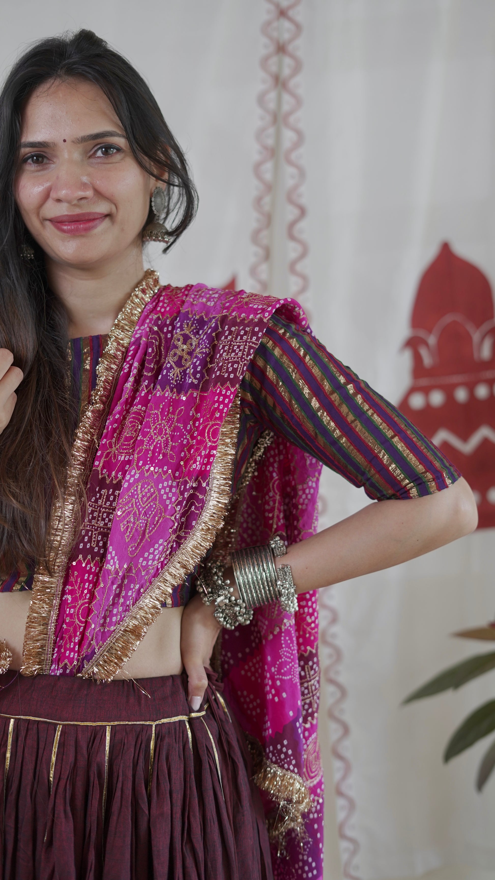 Wine Bandhani Lehenga Set