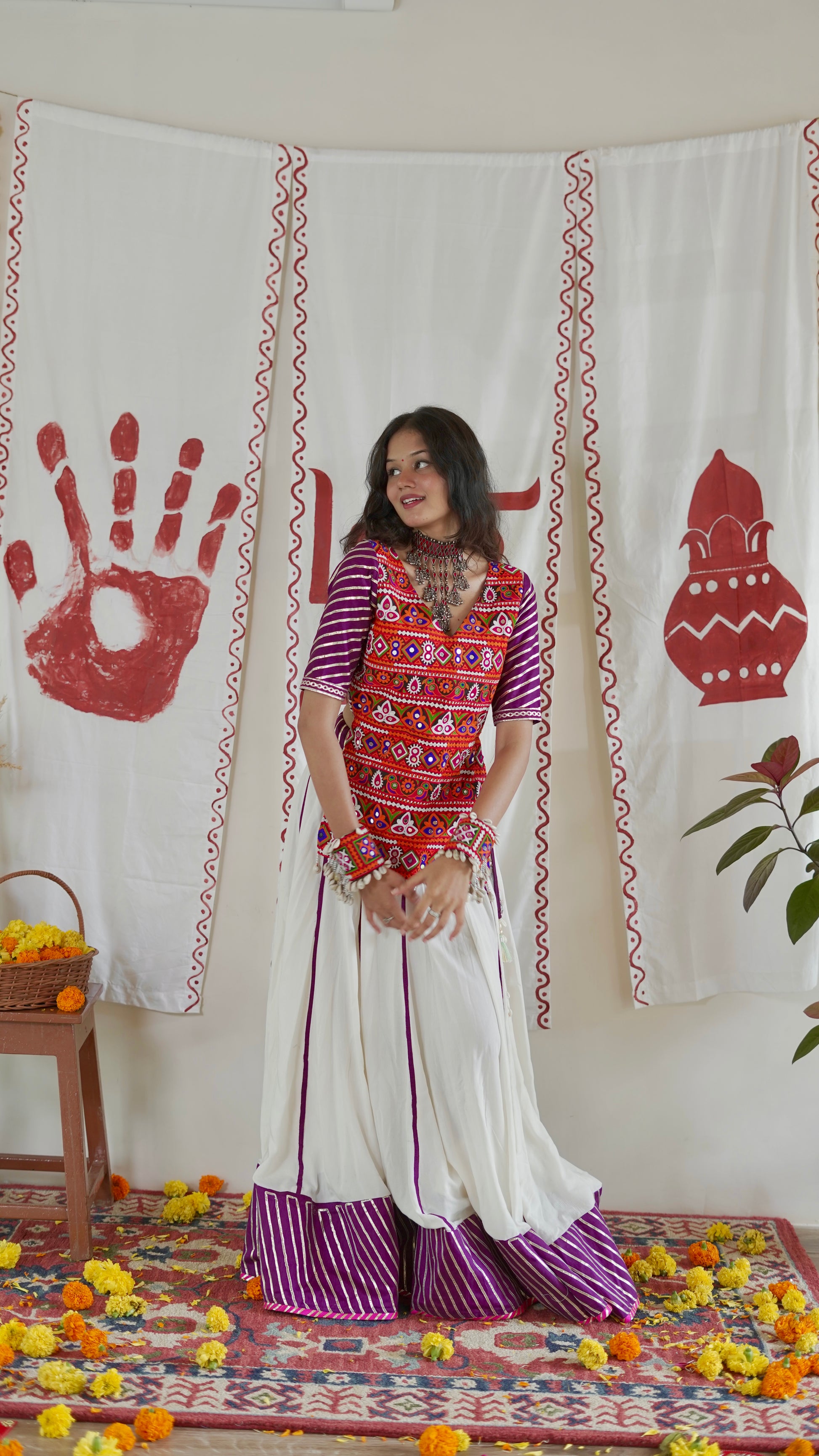 White and purple lehenga set with long blouse