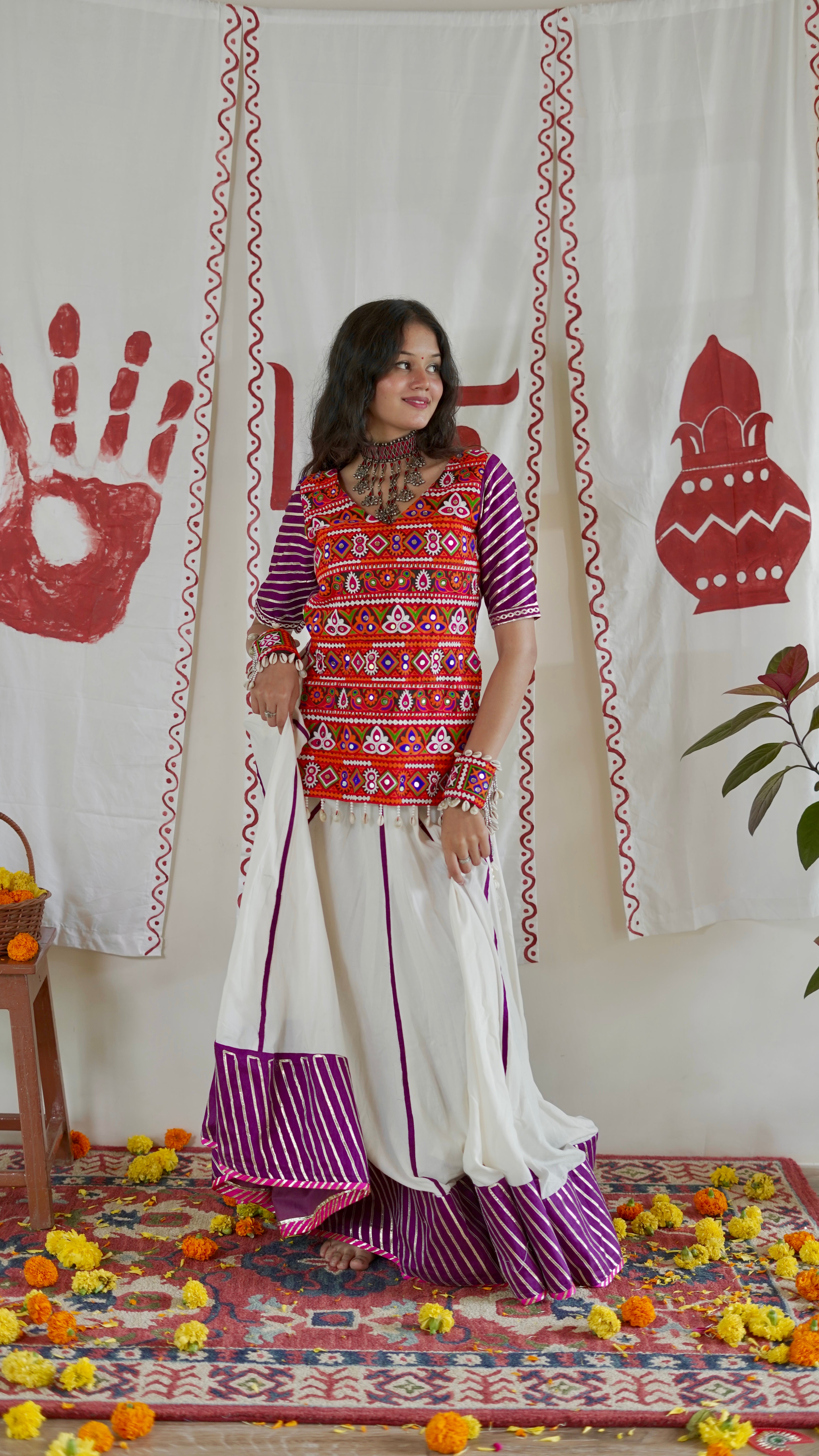 White and purple lehenga set with long blouse