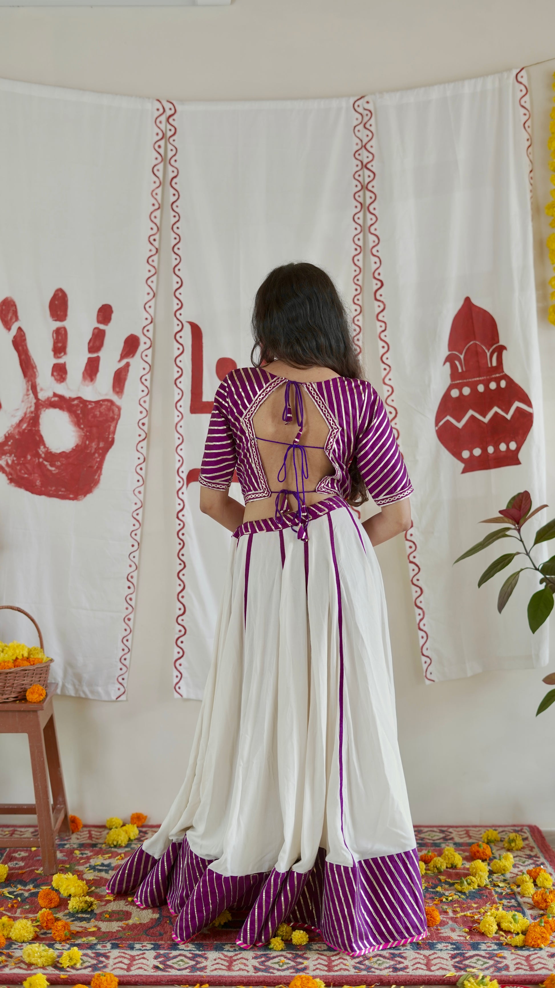 White and purple lehenga set with long blouse