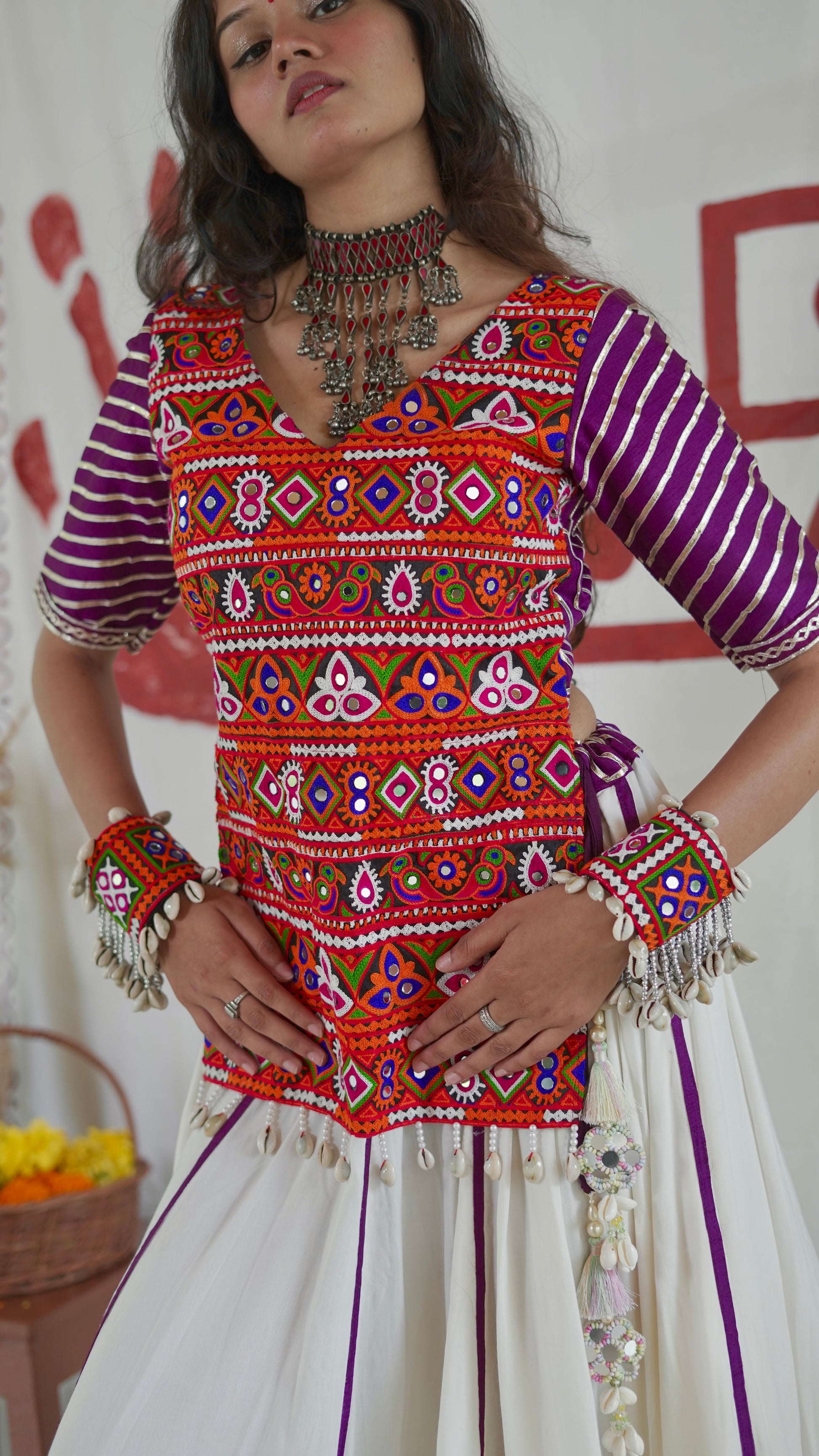 White and purple lehenga set with long blouse