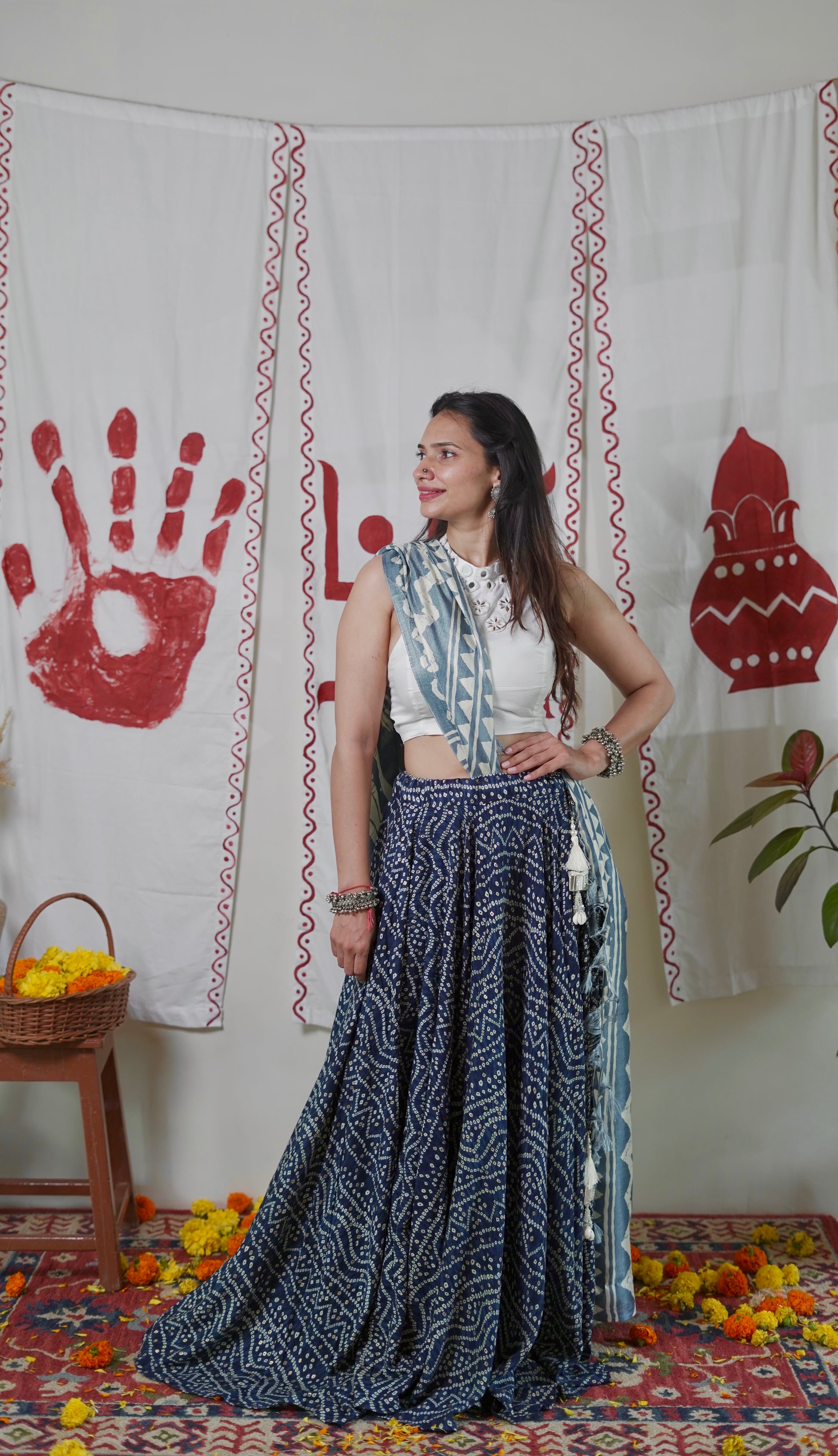 Indigo White Lehenga Set