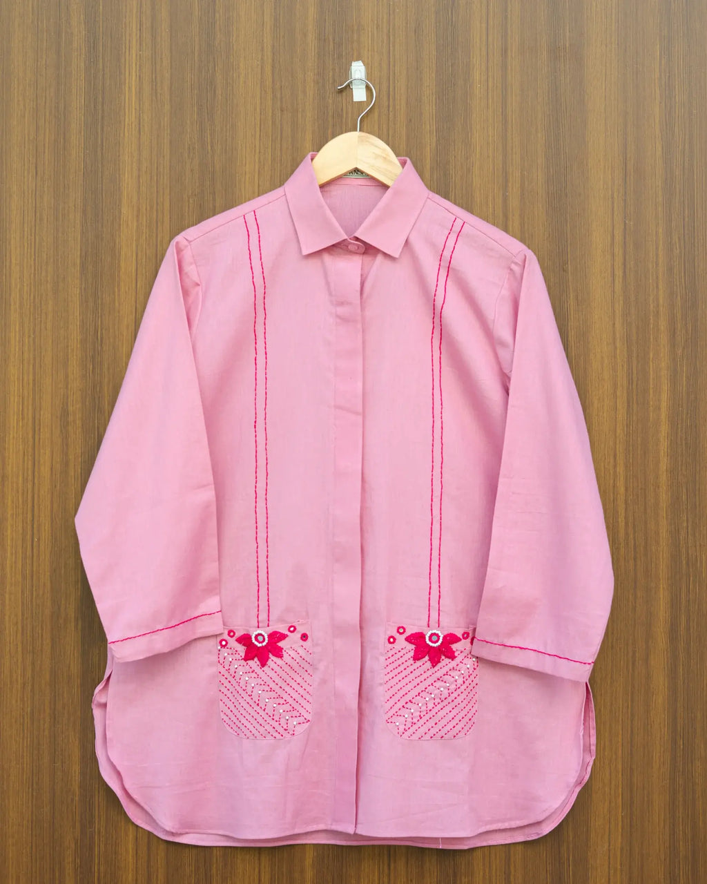 Pink Flower Embroidered Shirt