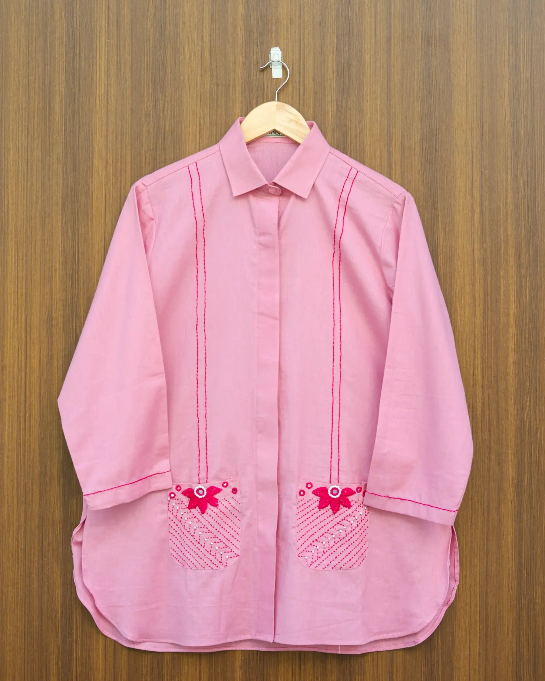 Pink Flower Embroidered Shirt