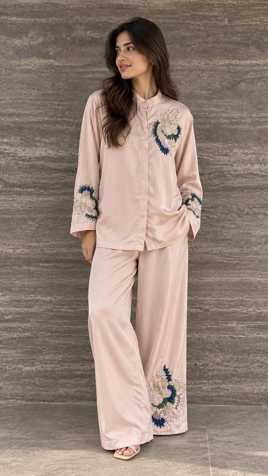 Cream White Floral Embroidered Co-ord Set