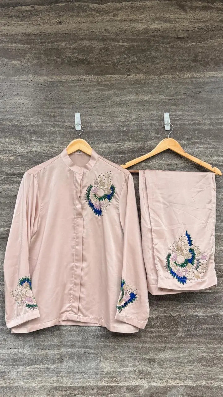 Cream White Floral Embroidered Co-ord Set
