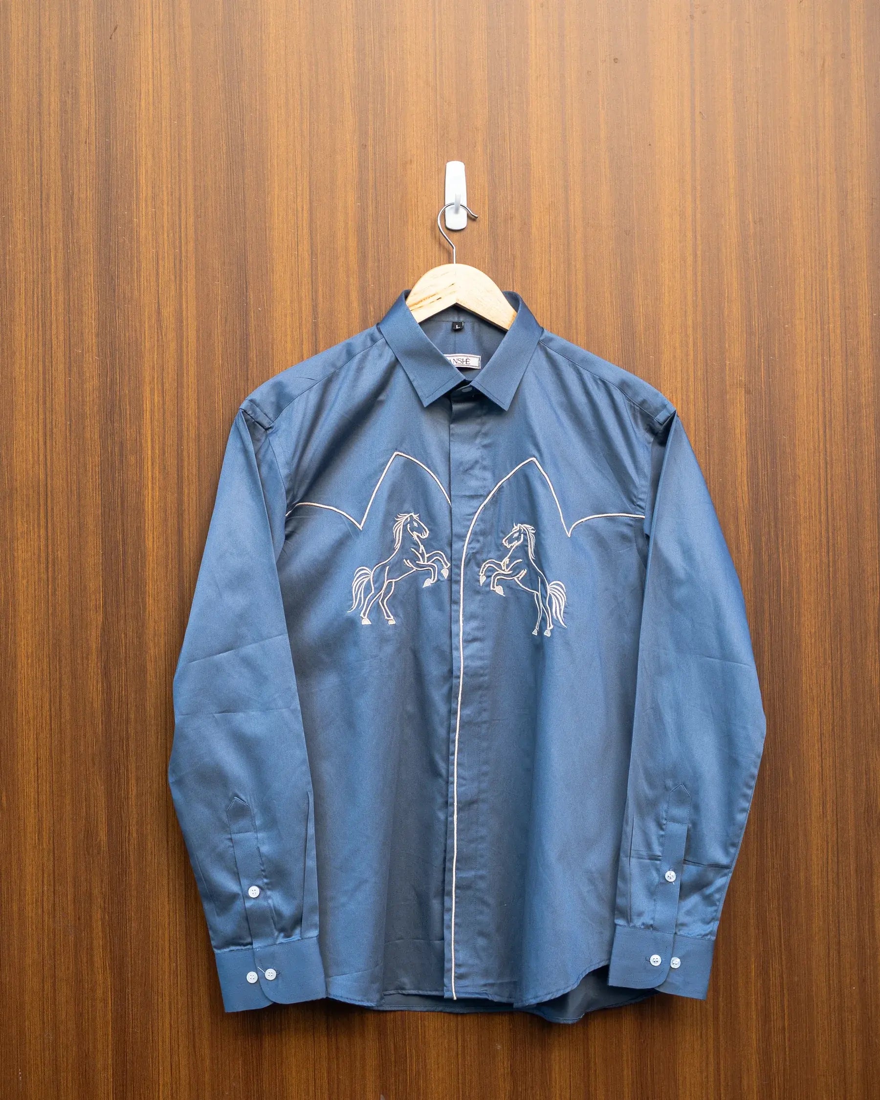 Slate Blue Horse Embroidery Shirt