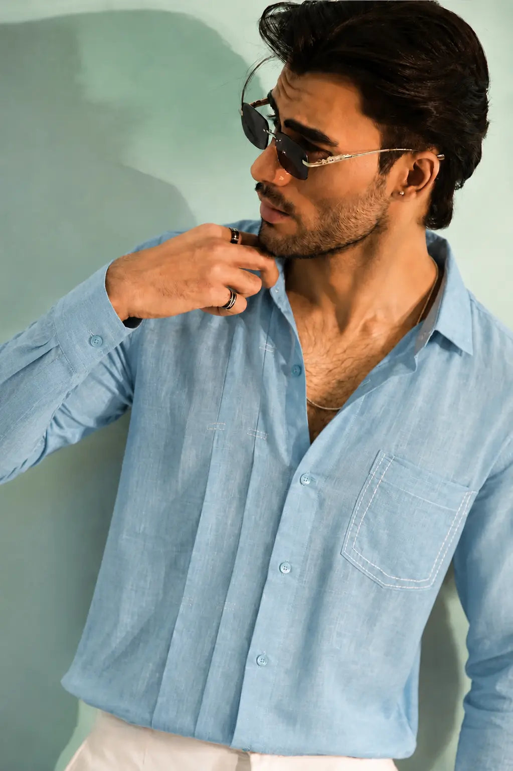 Sky blue running stitch shirt