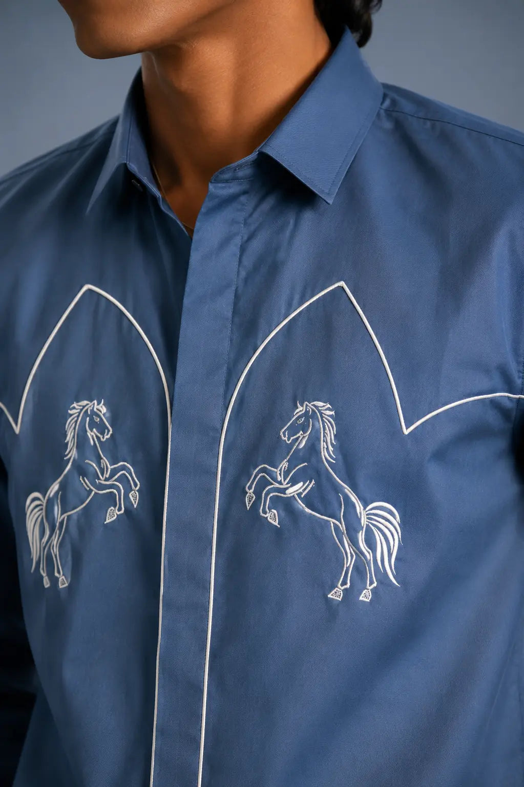 Slate Blue Horse Embroidery Shirt