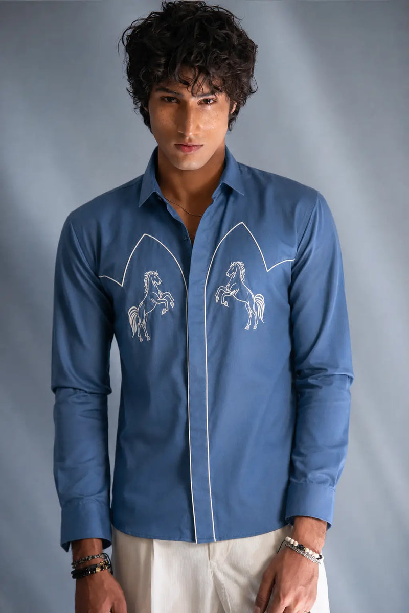 Slate Blue Horse Embroidery Shirt